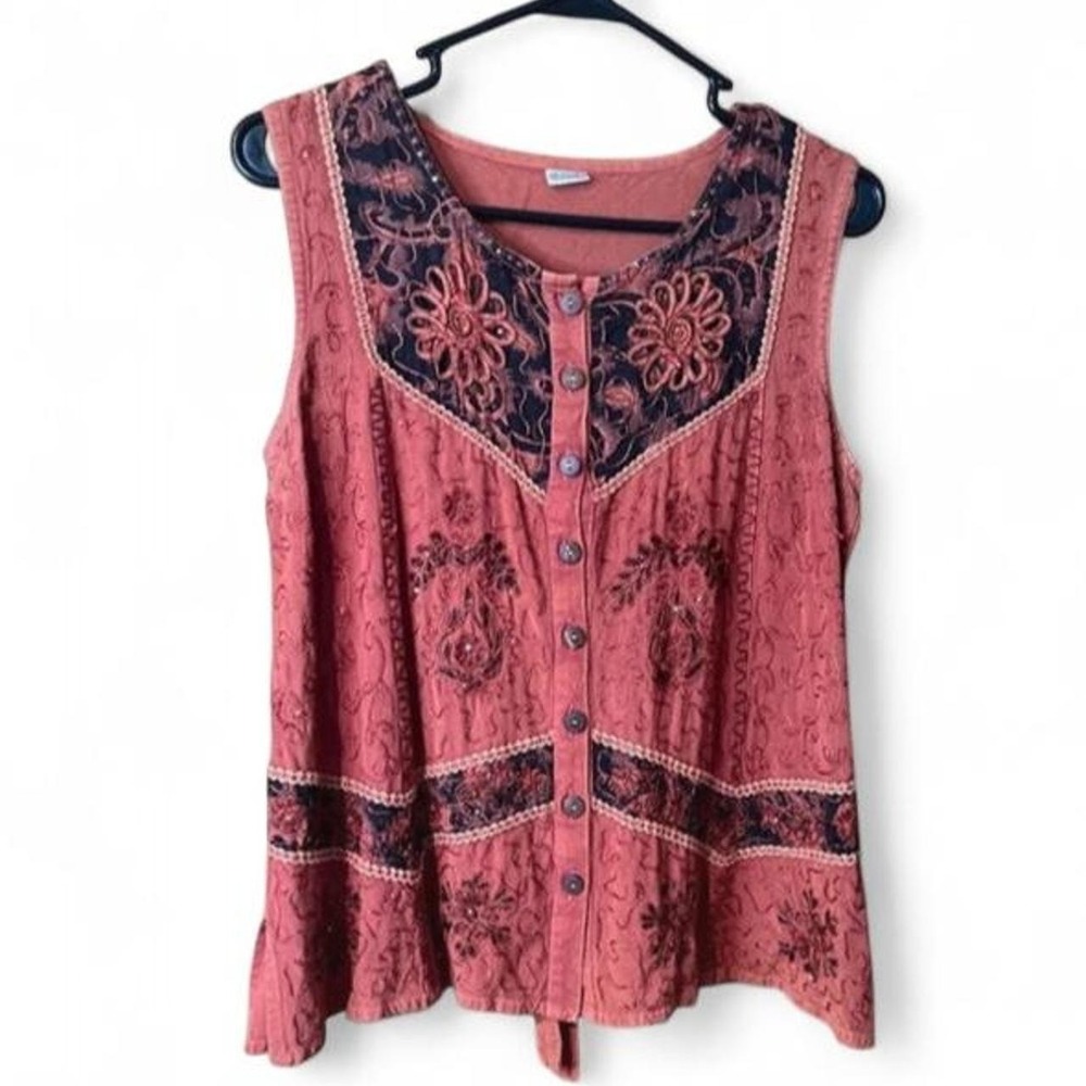 Vintage Boho Embroidered Tank Top Rust Terracotta Button Up Corset Tie Back M